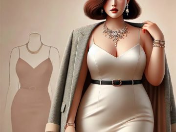 A realistic depiction of a confident woman wearing a chic spaghetti strap dress styled for a formal occasion. The outfit is complemented by a tailored blazer draped over her shoulders, a statement necklace, and high heels.