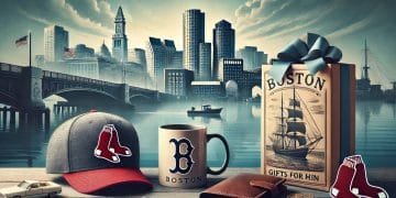 Boston skyline at dusk with a Red Sox cap, vintage Boston-themed mug, leather wallet, and a wrapped gift in the foreground.