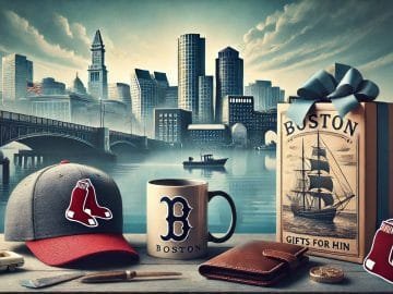 Boston skyline at dusk with a Red Sox cap, vintage Boston-themed mug, leather wallet, and a wrapped gift in the foreground.