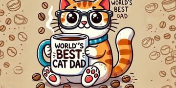 Cartoon of a ginger cat wearing glasses, holding a mug that reads "World's Best Cat Dad", surrounded by coffee beans.