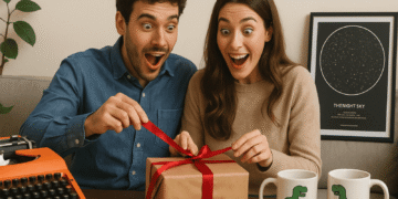 Couple excitedly unwrapping a gift with quirky items around them.