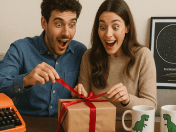 Couple excitedly unwrapping a gift with quirky items around them.