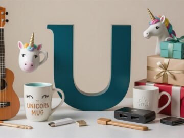 Collage of unique gifts starting with U