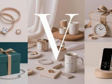 Collage of thoughtful gifts starting with V