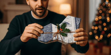 A man joyfully unwrapping a uniquely wrapped Christmas gift.