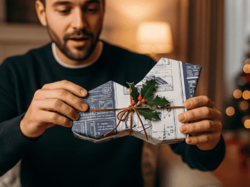 A man joyfully unwrapping a uniquely wrapped Christmas gift.