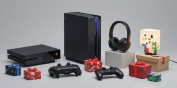 Holiday gaming gift collage with controllers, headset, and console
