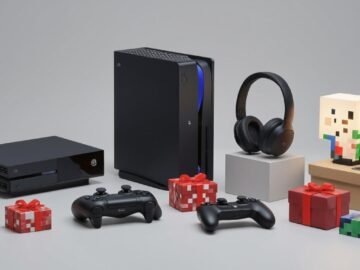 Holiday gaming gift collage with controllers, headset, and console
