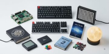 Editorial collage of nerdy gifts: gadgets, books, puzzles, and collectibles