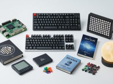 Editorial collage of nerdy gifts: gadgets, books, puzzles, and collectibles