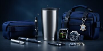 Editorial still-life of assorted police officer gift items on dark slate