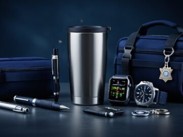 Editorial still-life of assorted police officer gift items on dark slate