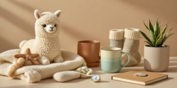Clean collage of cute alpaca gifts: throw, plush, mug, planter, socks