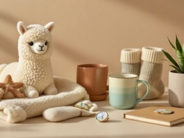 Clean collage of cute alpaca gifts: throw, plush, mug, planter, socks