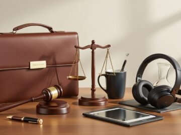 Assorted professional gift items for attorneys on a styled desk