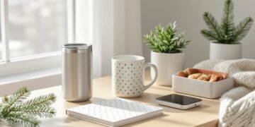 Assorted coworker gift items arranged on a clean desk