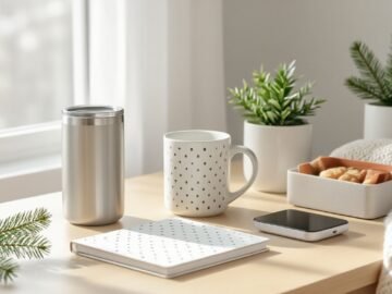 Assorted coworker gift items arranged on a clean desk