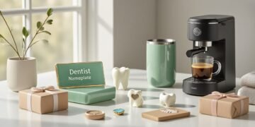 Dental-themed gift collage on a modern tabletop