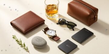 Stylish groomsmen gift collage: wallet, watch, glass, dopp kit, tech