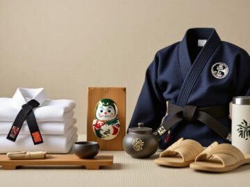 Collage of dojo-themed gifts for a sensei on a neutral background