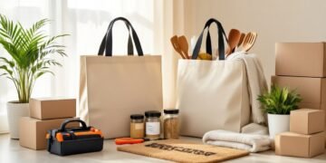 Practical moving gift collage on warm neutral background