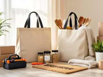 Practical moving gift collage on warm neutral background