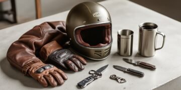 Motorcycle gift still-life with jacket, helmet, gloves, mug and tools