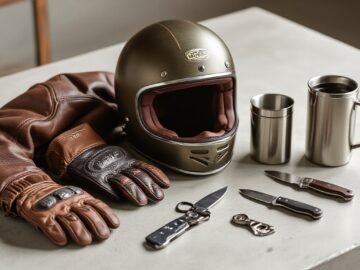 Motorcycle gift still-life with jacket, helmet, gloves, mug and tools