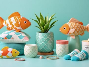 Collage of cute fish-themed gifts on pastel background