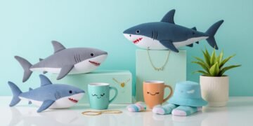 Assorted cute shark gifts on a pale aqua background