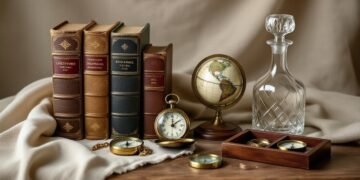 Editorial still-life of vintage gift items: books, watch, loupe, globe.