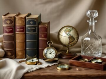 Editorial still-life of vintage gift items: books, watch, loupe, globe.