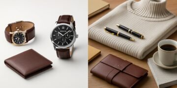 Editorial still-life of curated practical gifts for a Capricorn man