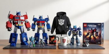Still-life of transformer-inspired collectibles, apparel, mug and game
