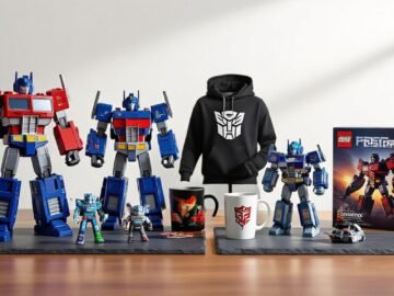 Still-life of transformer-inspired collectibles, apparel, mug and game