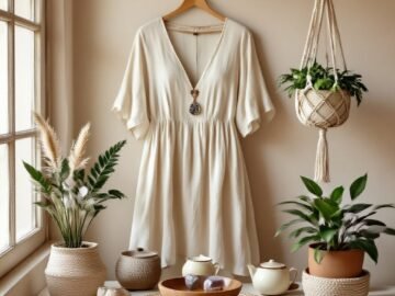 Boho still-life collage of eco-friendly gifts on a linen backdrop