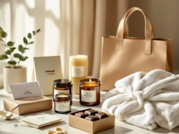 Assorted appreciation gifts for a cleaning lady on a neutral background