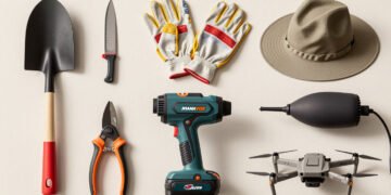 Collage of landscaper tools and gear on a neutral background