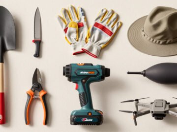 Collage of landscaper tools and gear on a neutral background