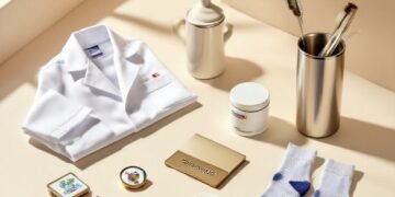 Editorial still-life of assorted pharmacy-themed gift items on neutral background