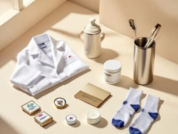 Editorial still-life of assorted pharmacy-themed gift items on neutral background