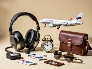 Collage of aviation gifts: headset, model plane, altimeter clock, logbook