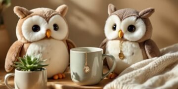 Assorted owl-themed gifts on warm wooden surface