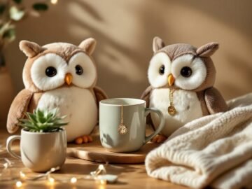 Assorted owl-themed gifts on warm wooden surface