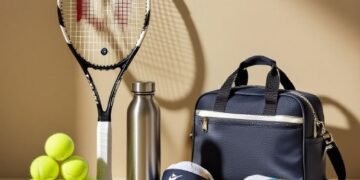 Editorial collage of assorted tennis gifts on a neutral background