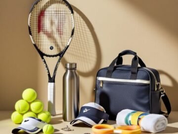 Editorial collage of assorted tennis gifts on a neutral background